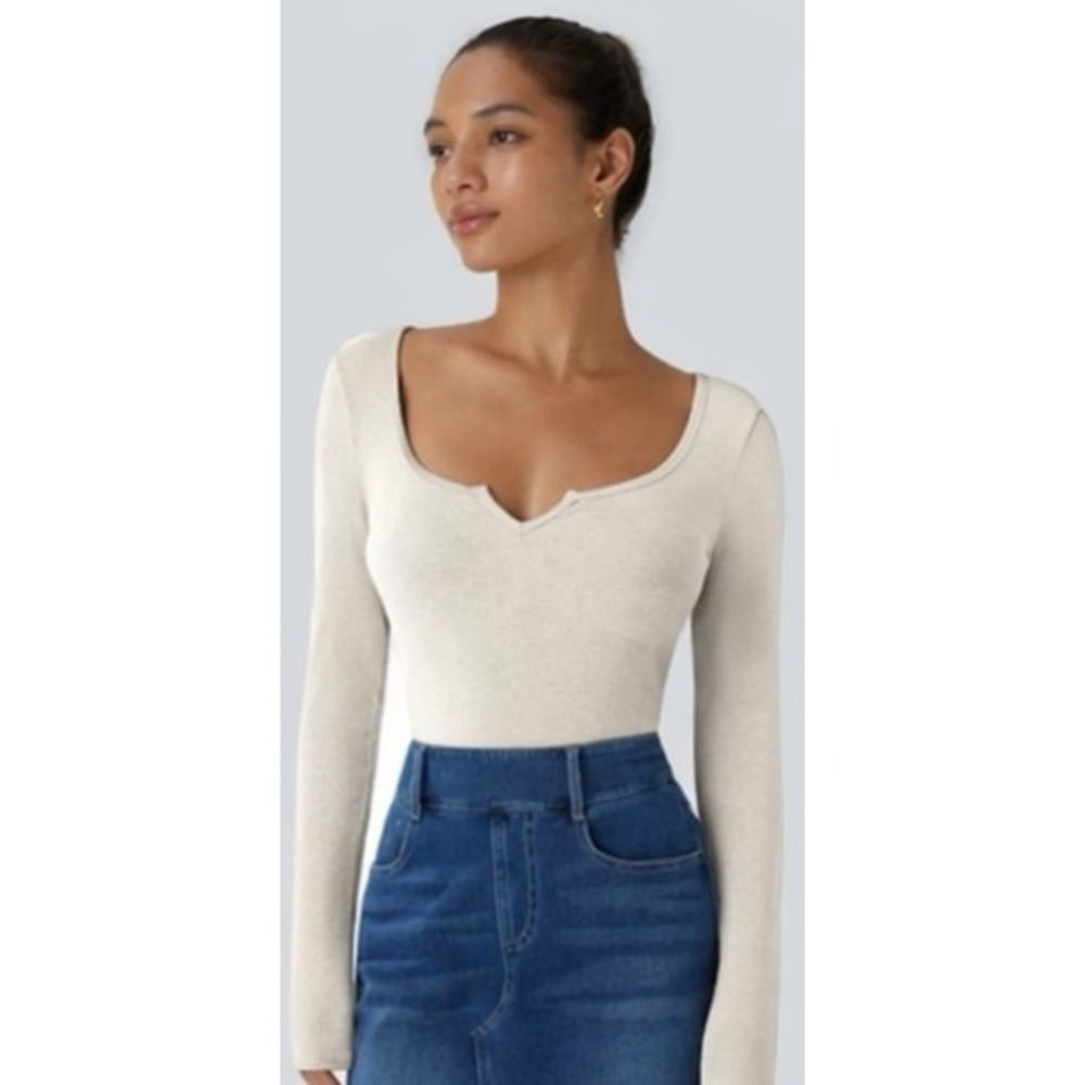 Halara Ribbed Long Sleeve Notch Neck Top Womens Large